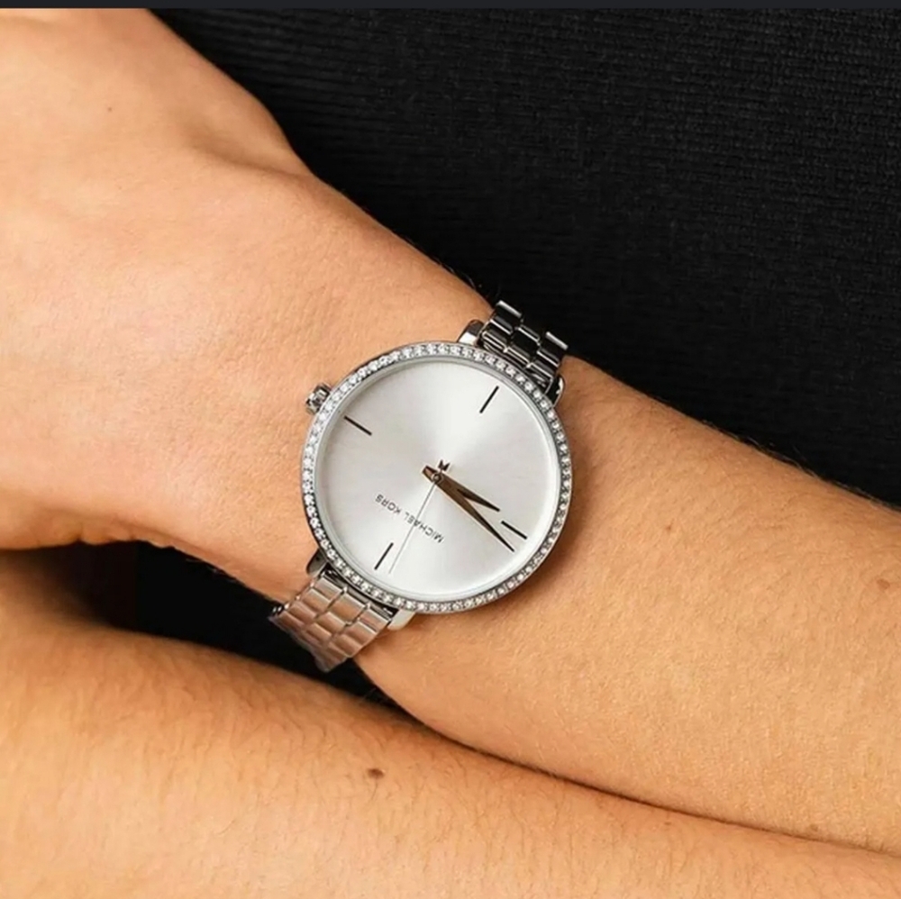 Michael Kors Silver Watch with Crystal Accents White face gorgeous 😍 $300 MSRP - Picture 2 of 12